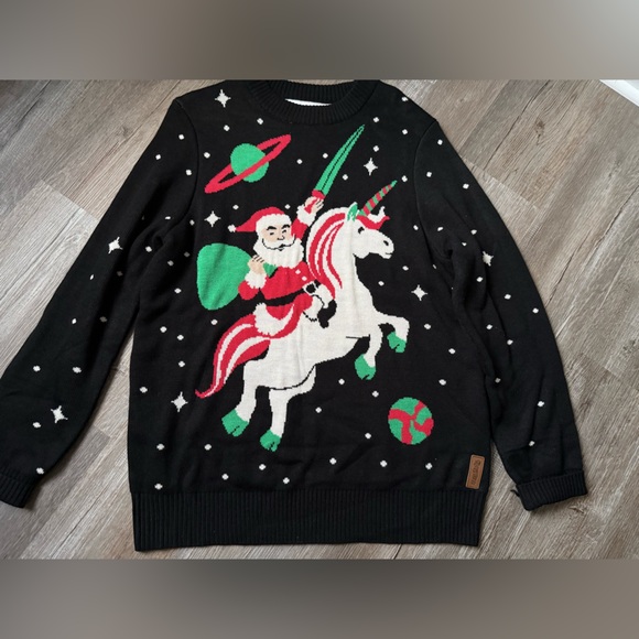 TIPSY ELVES SANTA UNICORN UGLY CHRISTMAS SWEATER BLACK RED GREEN SIZE L XL - Picture 2 of 9